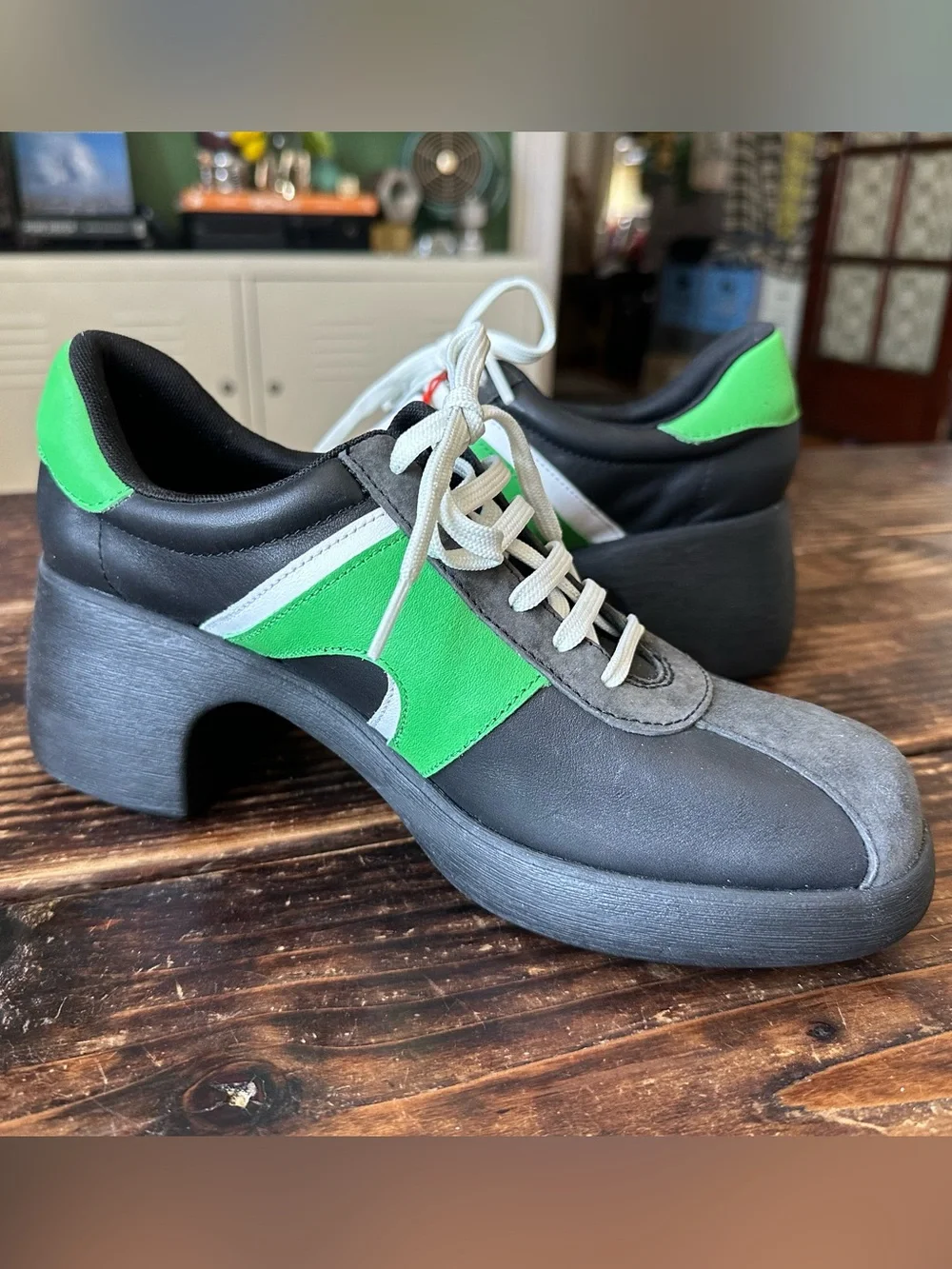 Camper Thelma Black Platform Lace-Up Athletic Shoes with Bright Green Panels